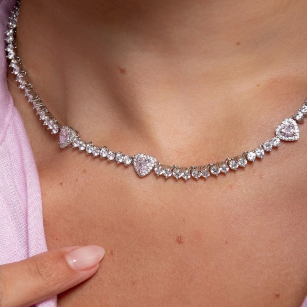 Elegant Silver With Pink Heart Tennis Necklace As Seen In Vogue
